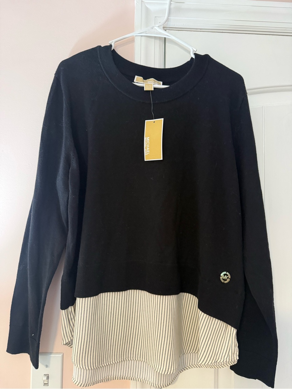 NWT Michael Kors Black Layered Pullover with Striped Hem, Size XL